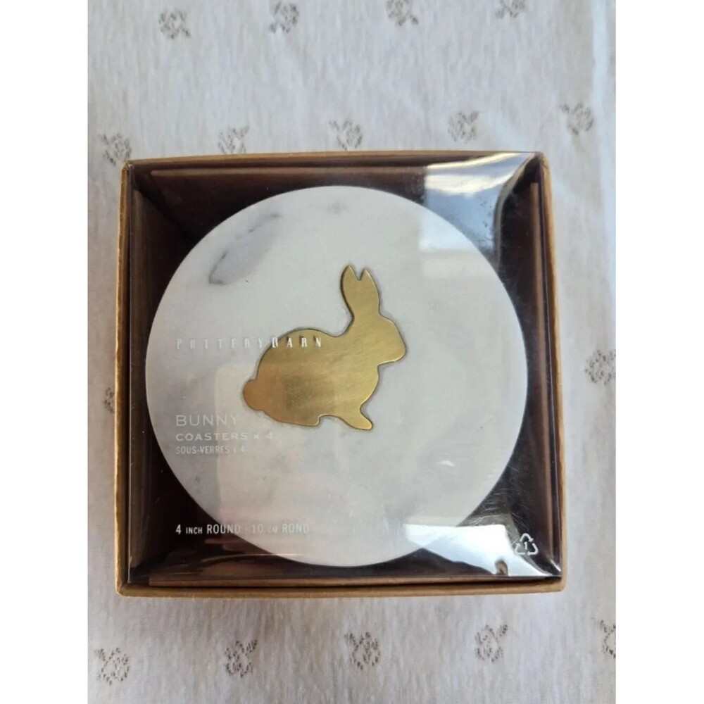 NIB Pottery Barn Bunny Marble Coasters - White with Gold Rabbit - Set of 4